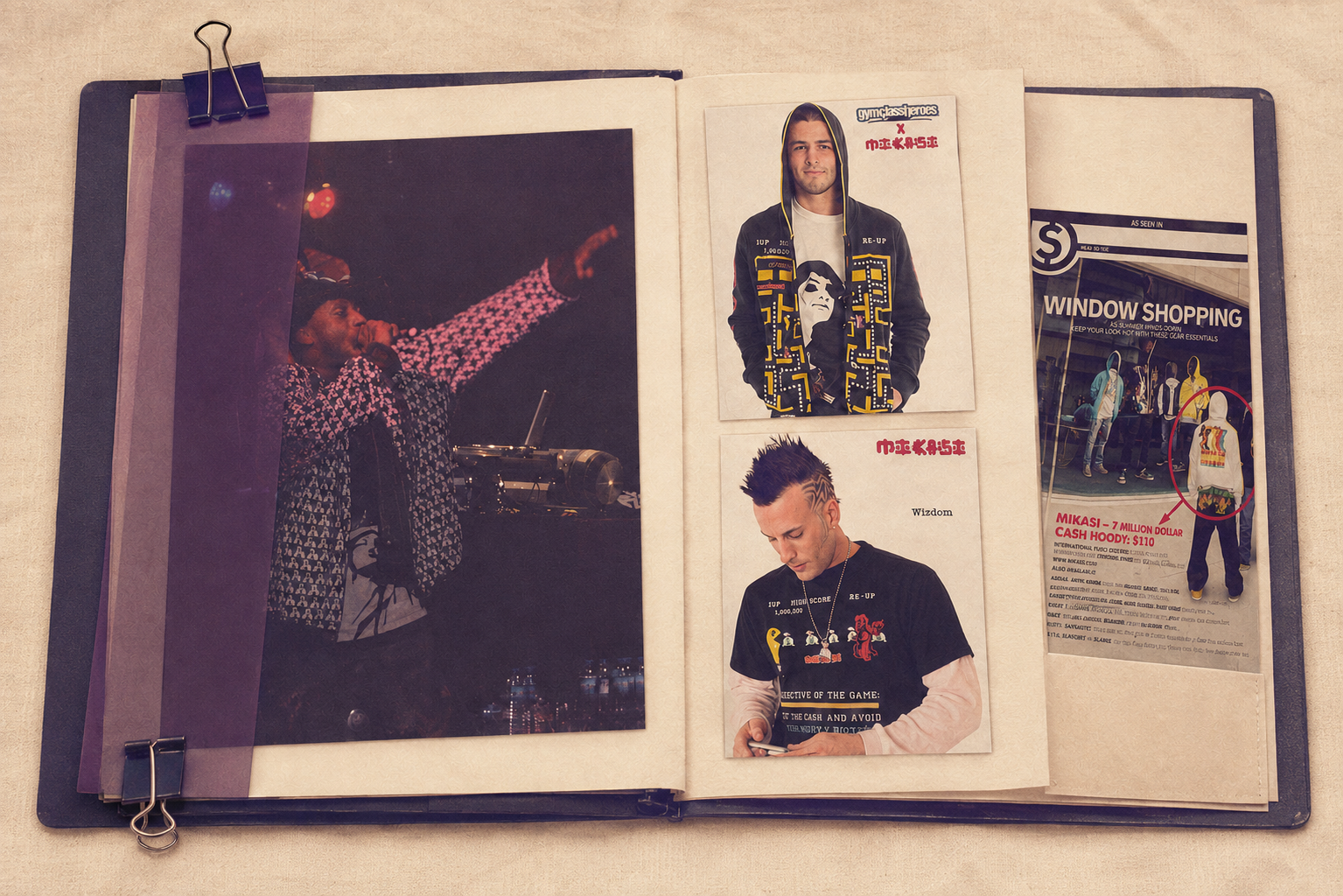 Mikasi portfolio archive showing a live performance, artist collaborations, and retail editorial coverage